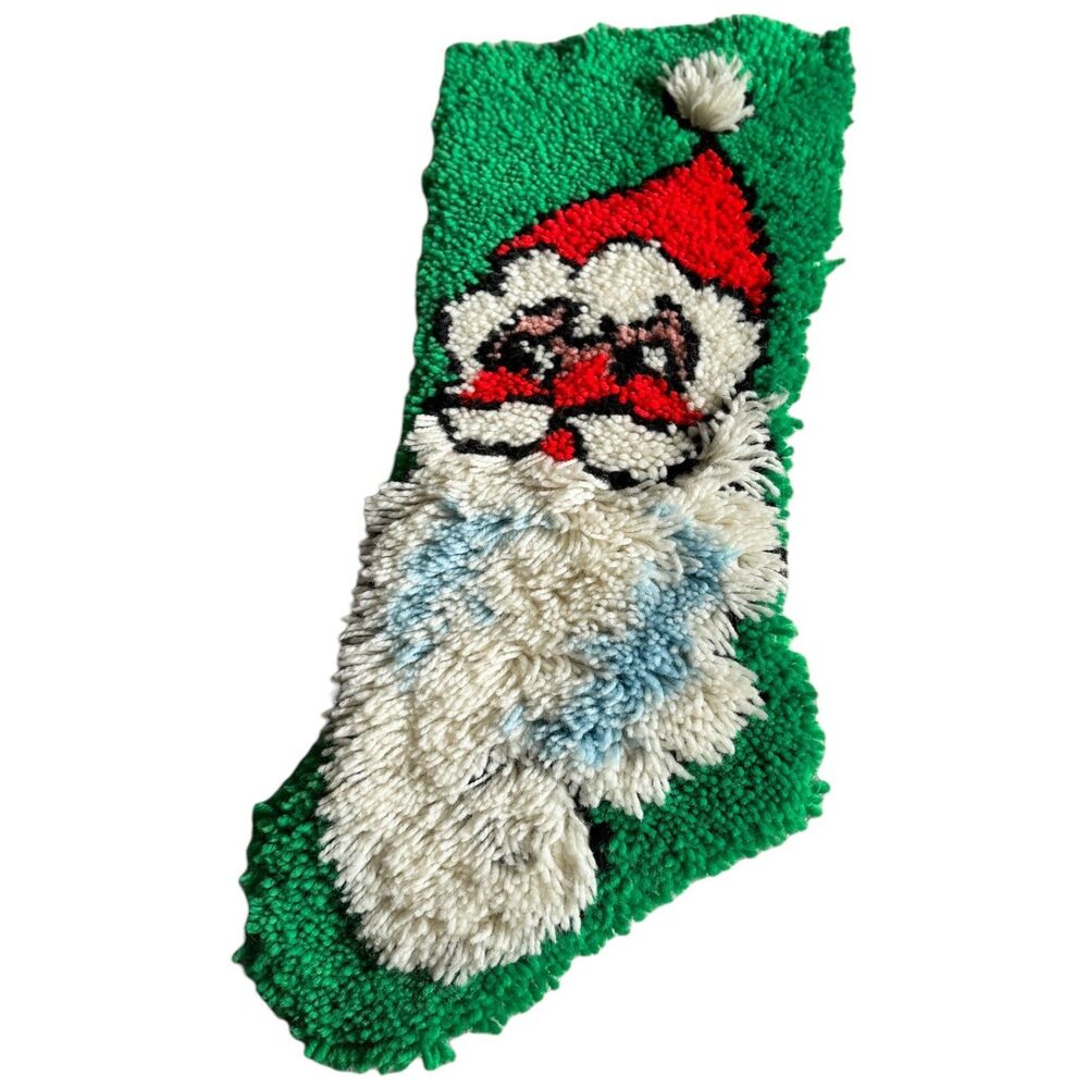 Vintage 27" Handmade Santa Claus Christmas Stocking – Latch Hook Rug Wall Decor